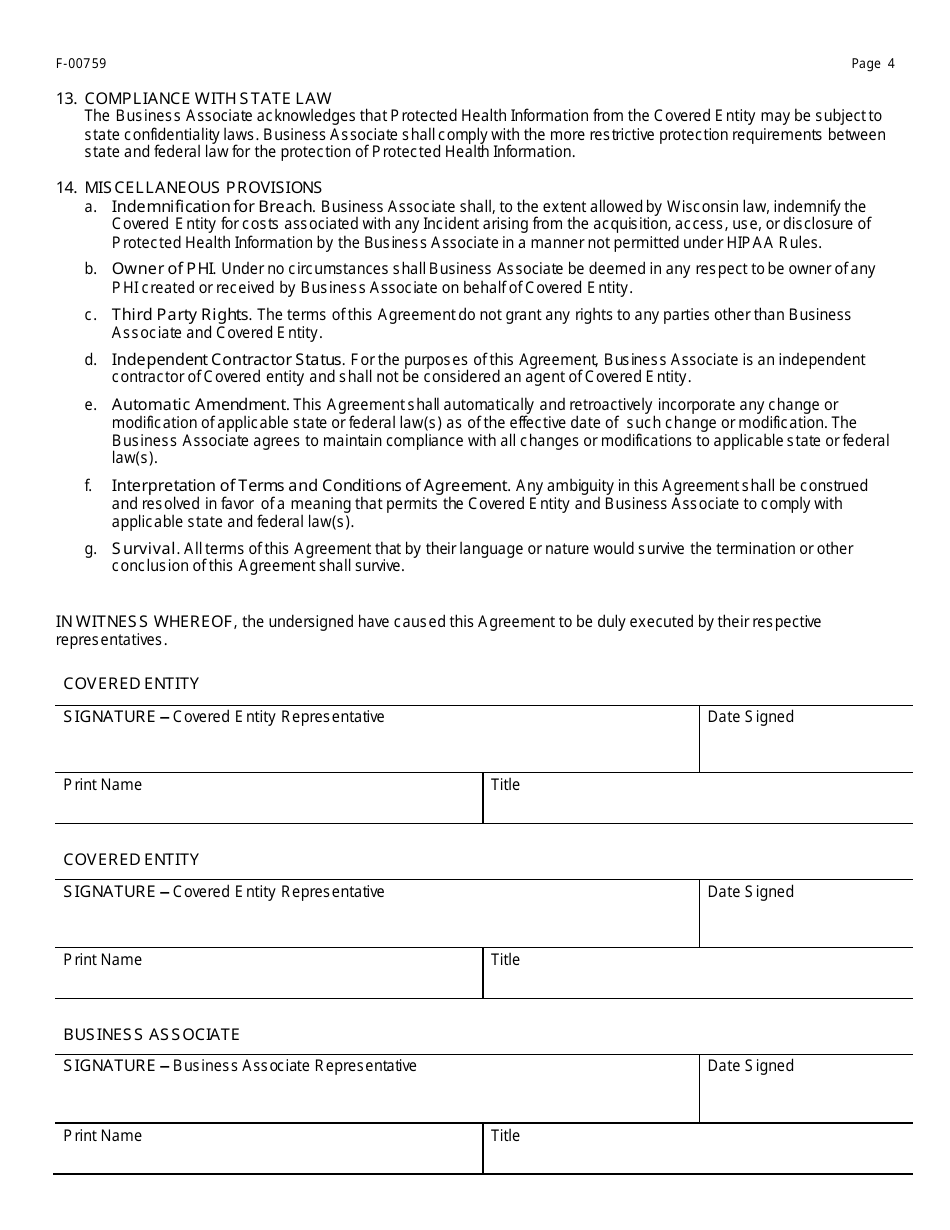 Form F-00759 Business Associate Agreement - With Contract - Wisconsin, Page 4