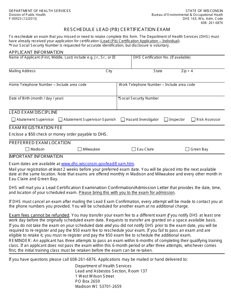 Form F-00923 Reschedule Lead (Pb) Certification Exam - Wisconsin, Page 1