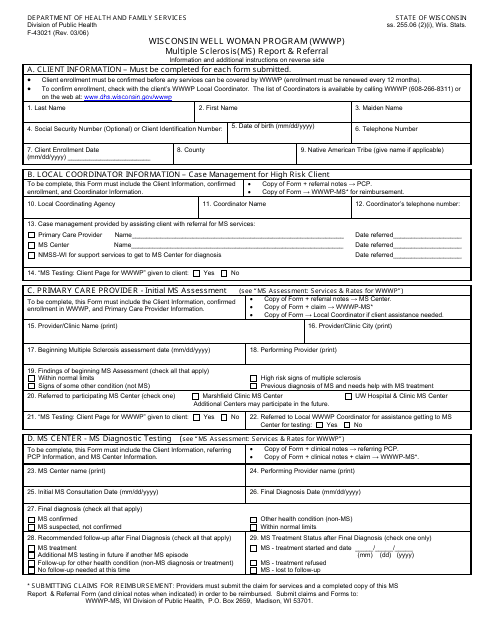 Form F-43021 Wisconsin Well Woman Program Multiple Sclerosis (Ms) Report and Referral - Wisconsin