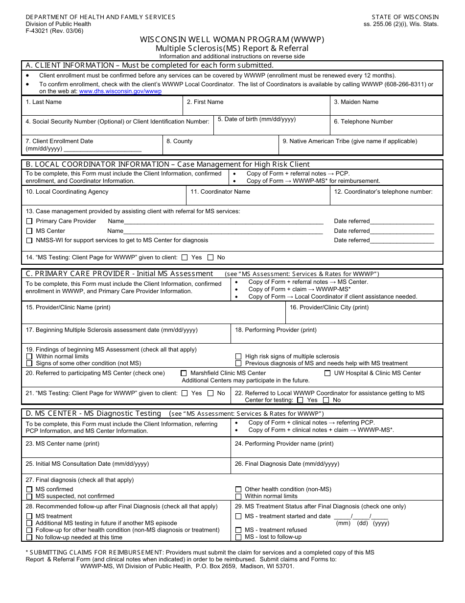 Form F-43021 Wisconsin Well Woman Program Multiple Sclerosis (Ms) Report and Referral - Wisconsin, Page 1