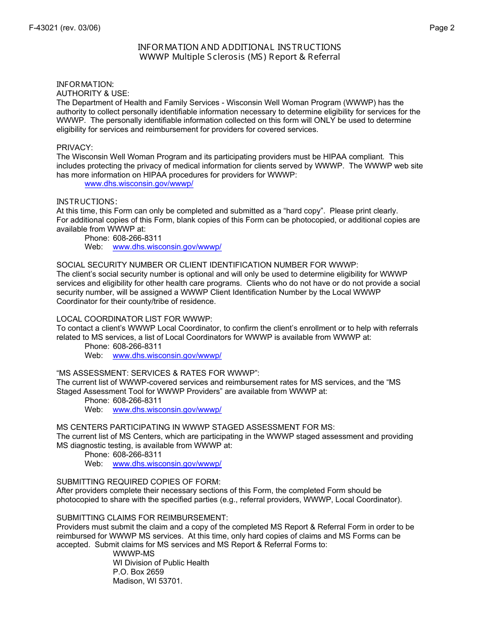 Form F-43021 Wisconsin Well Woman Program Multiple Sclerosis (Ms) Report and Referral - Wisconsin, Page 2