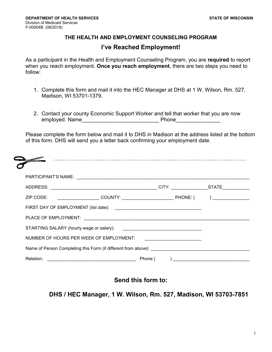 Form F-00004B Health and Employment Counseling - I Have Reached Employment - Wisconsin, Page 1