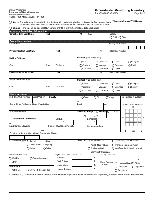 Form 3300-067 Groundwater Monitoring Inventory - Wisconsin