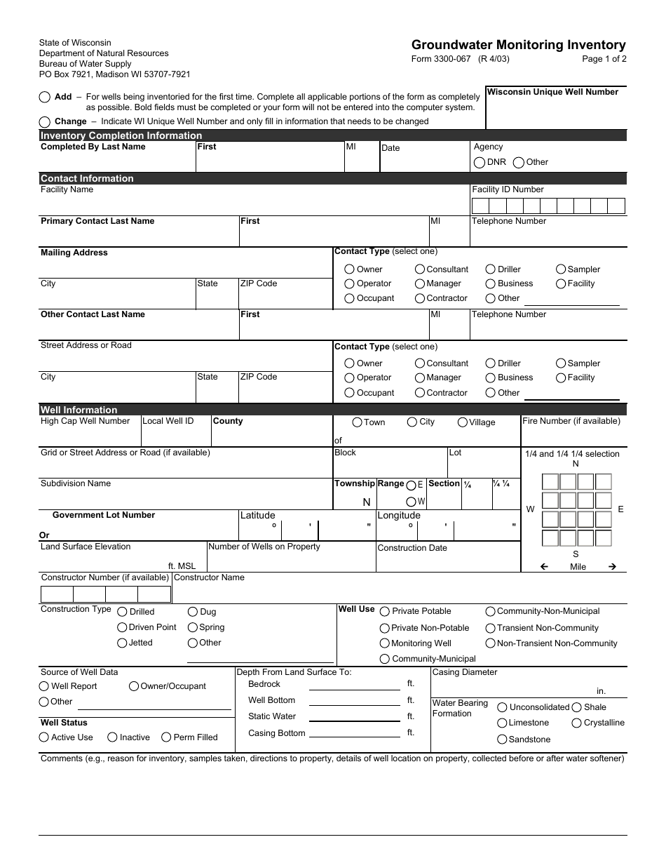 Form 3300-067 Groundwater Monitoring Inventory - Wisconsin, Page 1