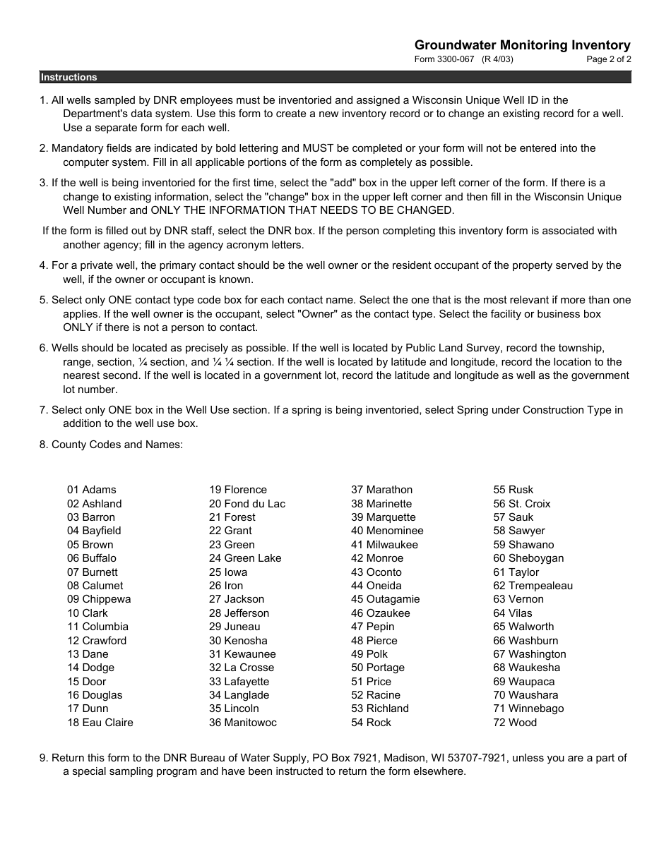 Form 3300-067 Groundwater Monitoring Inventory - Wisconsin, Page 2