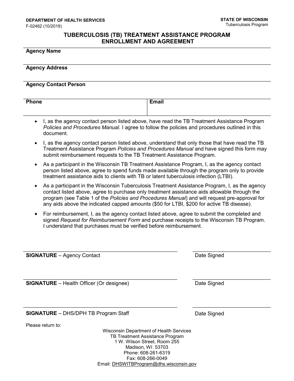 Form F-02462 Tuberculosis (Tb) Treatment Assistance Enrollment and Agreement - Wisconsin, Page 1