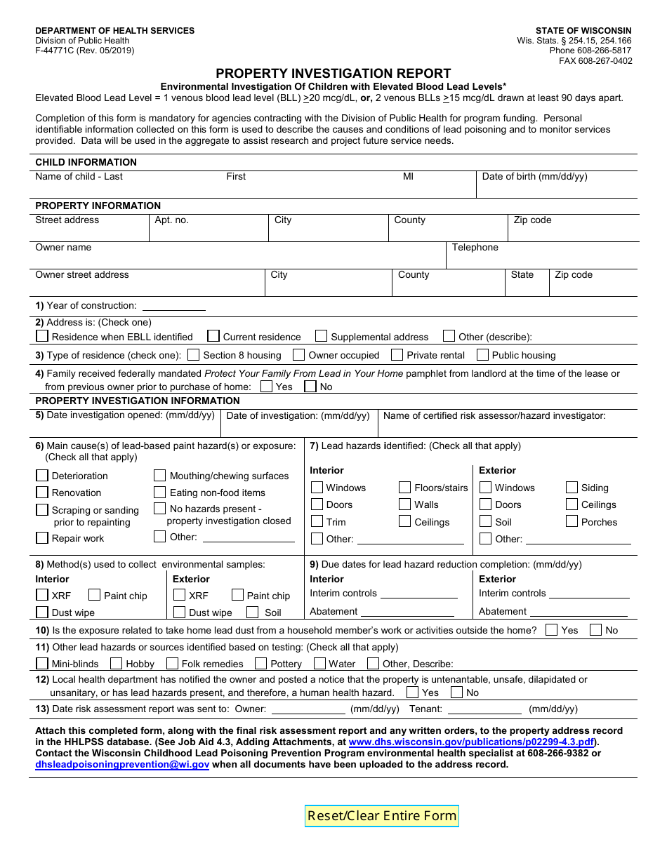 Form F-44771C Property Investigation Report / Case Management of Children With Elevated Blood Lead Levels - Wisconsin, Page 1