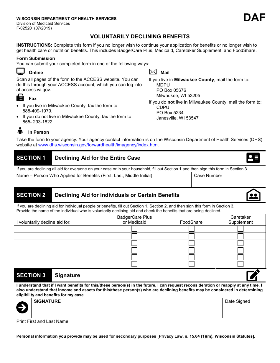 Form F-02520 Voluntarily Declining Benefits - Wisconsin, Page 1