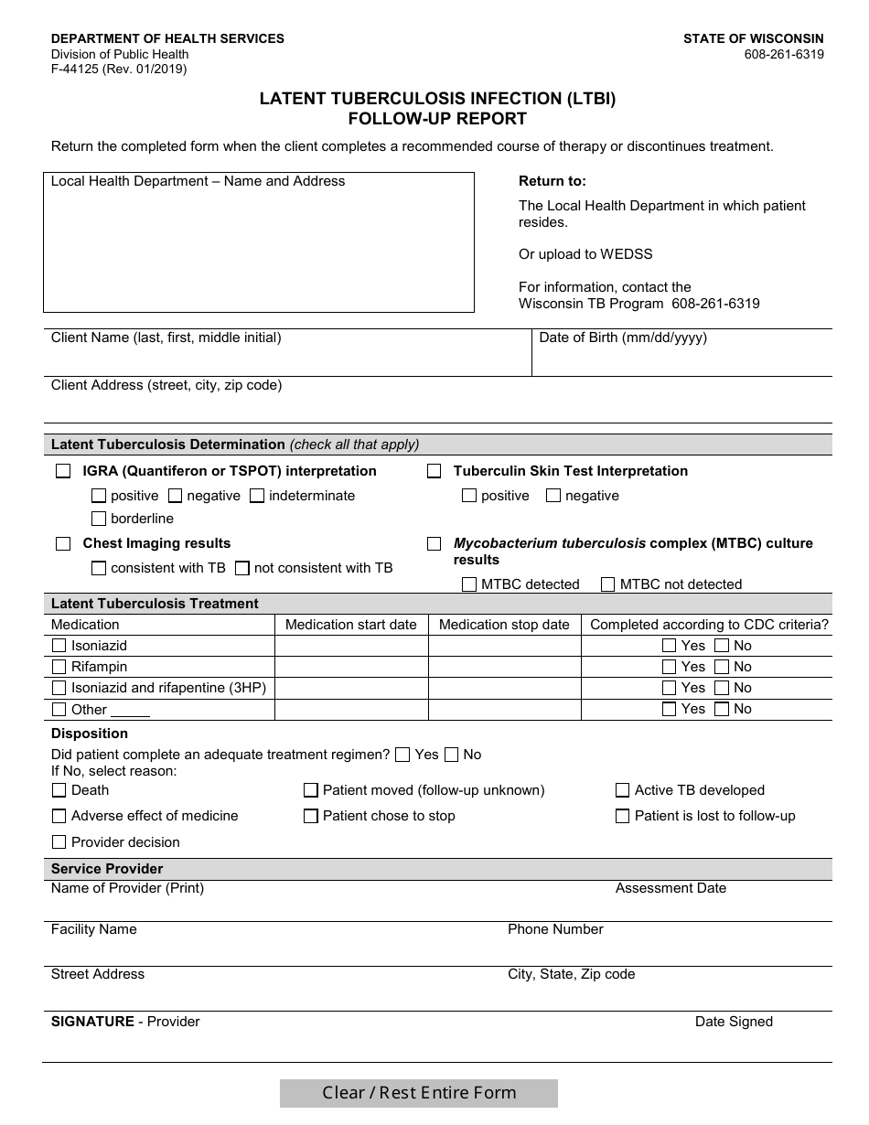 Form F-44125 Latent Tuberculosis Infection (Ltbi) Follow-Up Report - Wisconsin, Page 1
