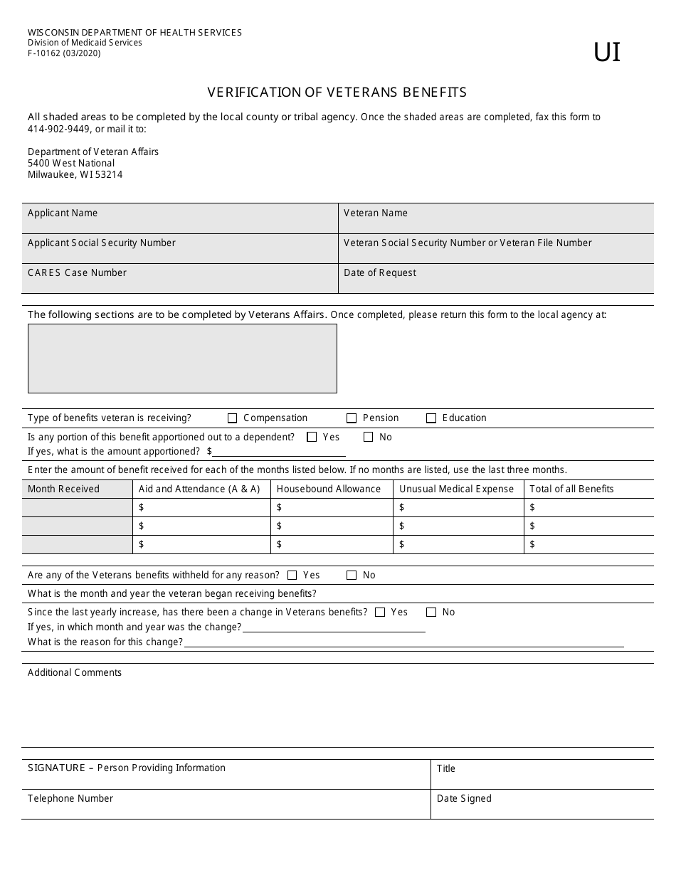 Form F-10162 Verification of Veterans Benefits - Wisconsin, Page 1