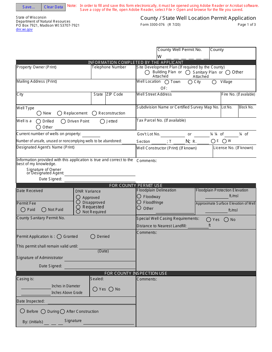 Form 3300-076 County / State Well Location Permit Application - Wisconsin, Page 1