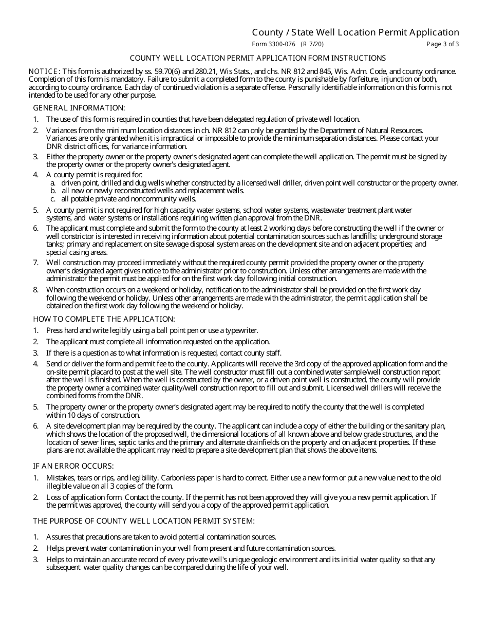 Form 3300-076 County / State Well Location Permit Application - Wisconsin, Page 3
