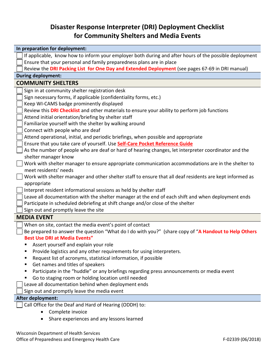 Form F-02339 Disaster Response Interpreter (Dri) Deployment Checklist for Community Shelters and Media Events - Wisconsin, Page 1