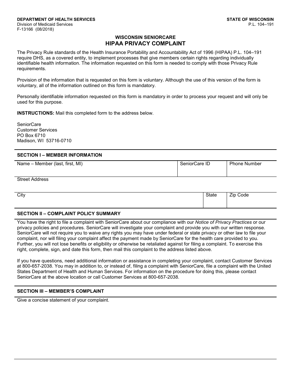 Form F-13166 Wisconsin Seniorcare HIPAA Privacy Complaint - Wisconsin, Page 1