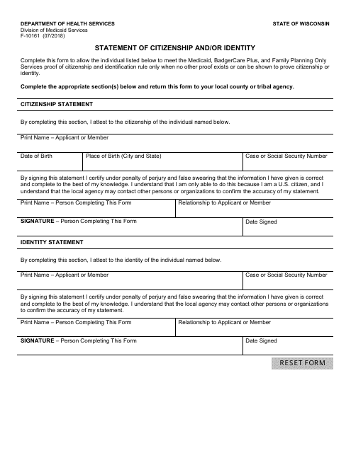 Form F-10161 Statement of Citizenship and/or Identity - Wisconsin