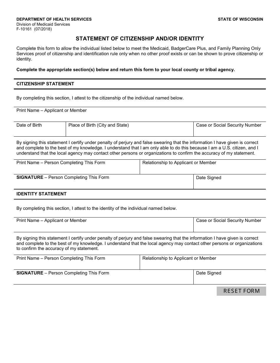 Form F-10161 Statement of Citizenship and / or Identity - Wisconsin, Page 1