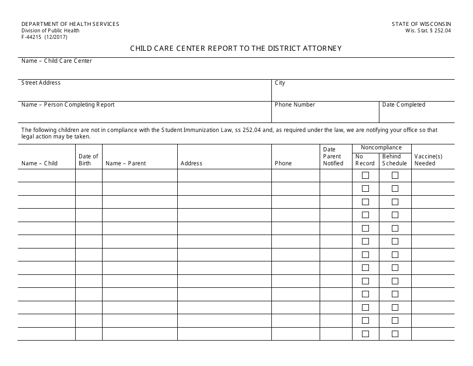 Form F-44215 Child Care Center Report to the District Attorney - Wisconsin, Page 1