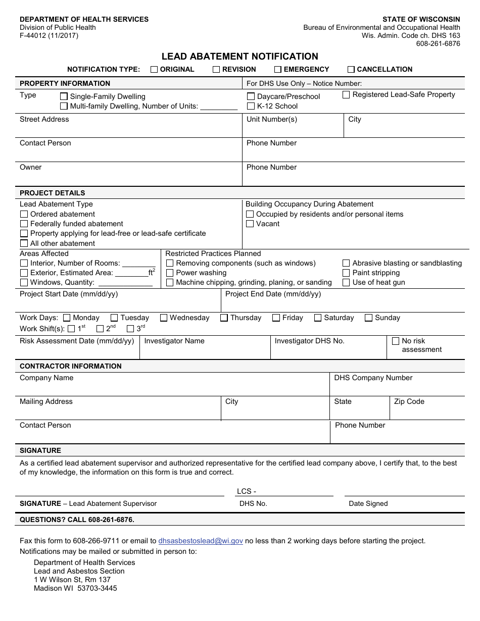 Form F-44012 Lead Abatement Notification - Wisconsin, Page 1