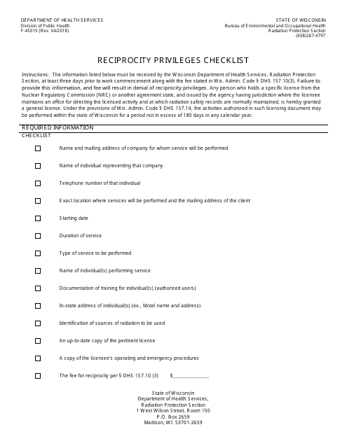 Form F-45019 Reciprocity Privileges Checklist - Wisconsin