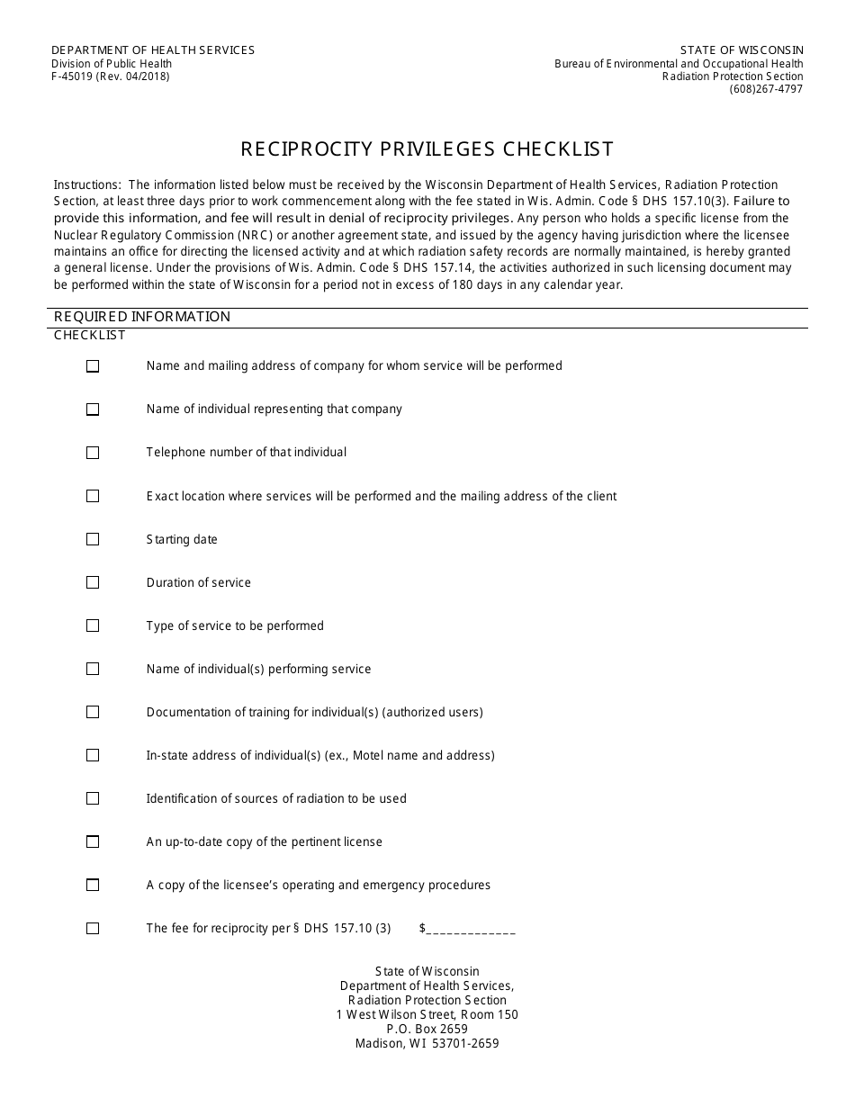 Form F-45019 Reciprocity Privileges Checklist - Wisconsin, Page 1