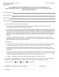 Document preview: Form F-40057 Authorization and Permission for Release of Information to Wisconsin Birth Defects Prevention and Surveillance System and Early Childhood Program - Wisconsin