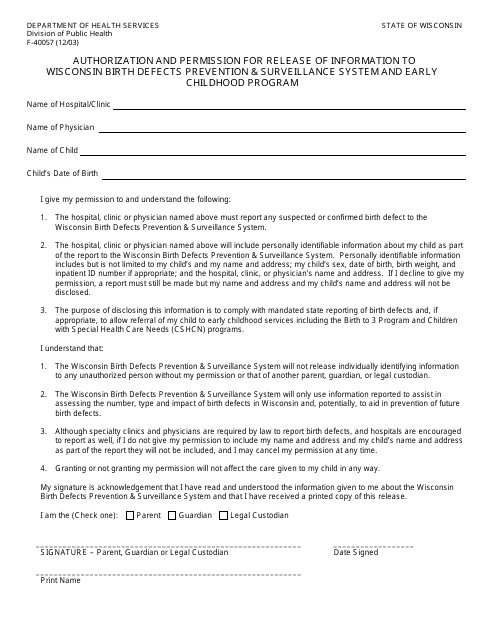 Form F-40057 Authorization and Permission for Release of Information to Wisconsin Birth Defects Prevention and Surveillance System and Early Childhood Program - Wisconsin