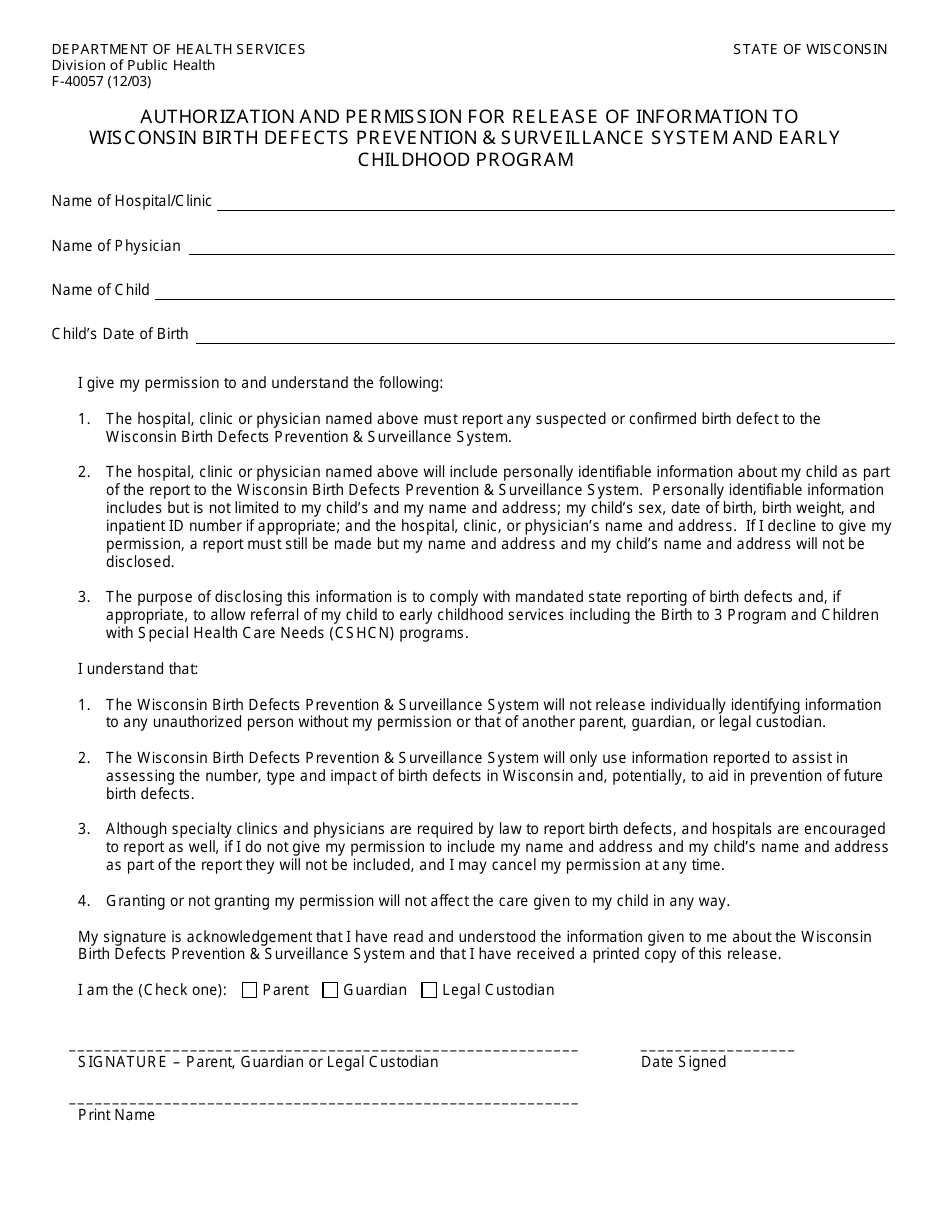 Form F-40057 Authorization and Permission for Release of Information to Wisconsin Birth Defects Prevention and Surveillance System and Early Childhood Program - Wisconsin, Page 1