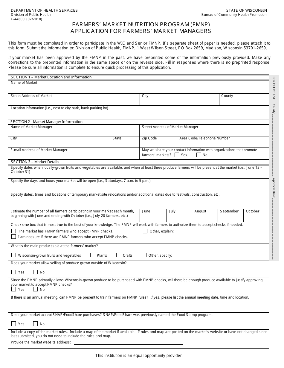 Form F-44800 Application for Farmers Market Managers - Farmers Market Nutrition Program (Fmnp) - Wisconsin, Page 1