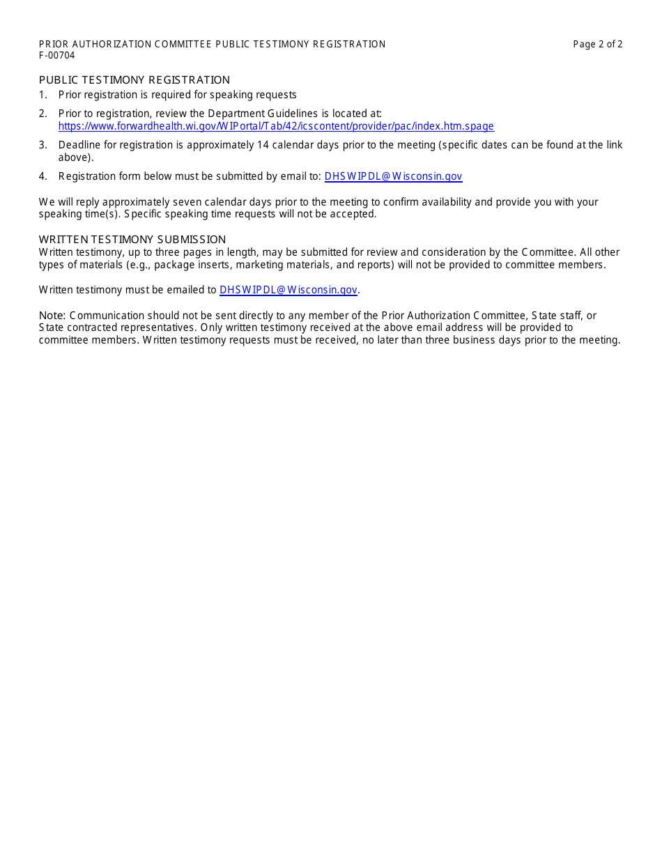 Form F-00704 Prior Authorization - Committee Public Testimony Registration - Wisconsin, Page 2