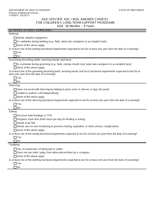 Form F-00367F Age-Specific Adl/Iadl Answer Choices for Children's Long-Term Support Programs Age: 36 Months - 4 Years - Wisconsin