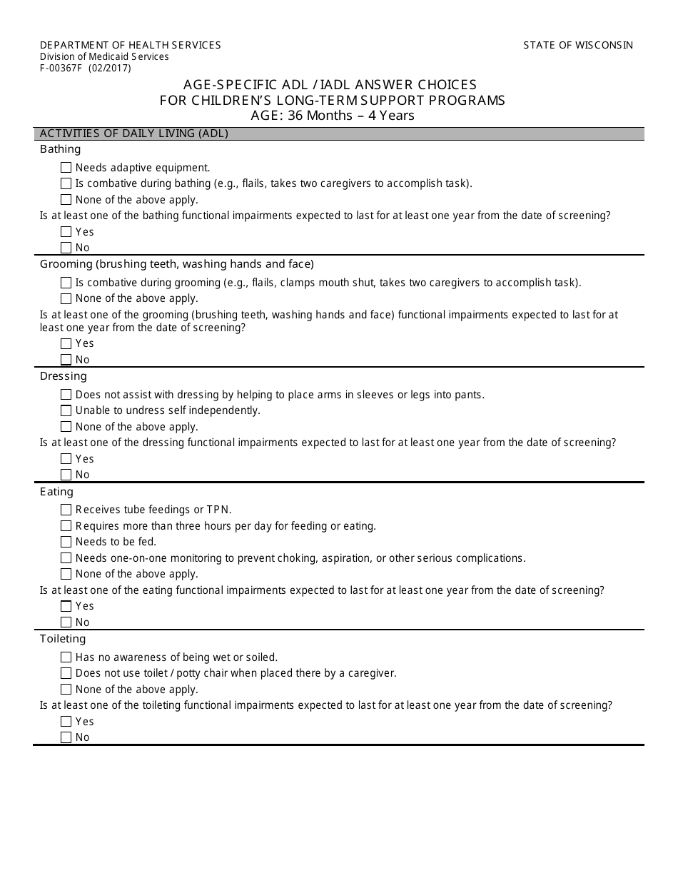 Form F-00367F Age-Specific Adl / Iadl Answer Choices for Childrens Long-Term Support Programs Age: 36 Months - 4 Years - Wisconsin, Page 1