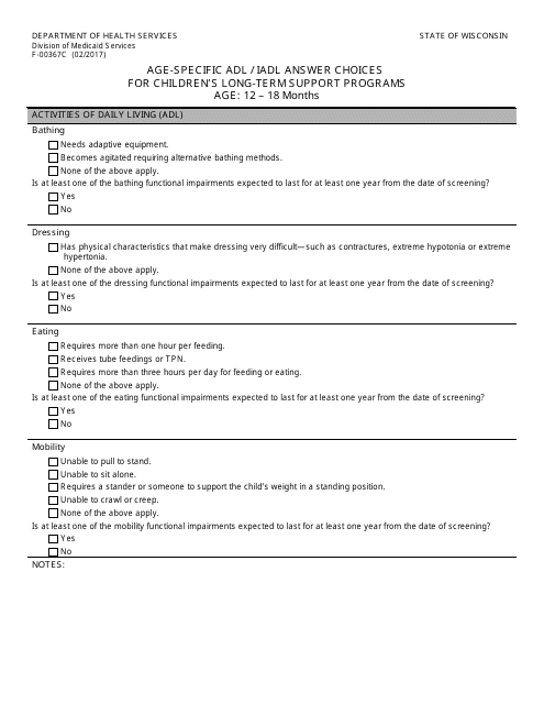 Form F-00367C Age-Specific Adl/Iadl Answer Choices for Children's Long-Term Support Programs Age: 12 to 18 Months - Wisconsin