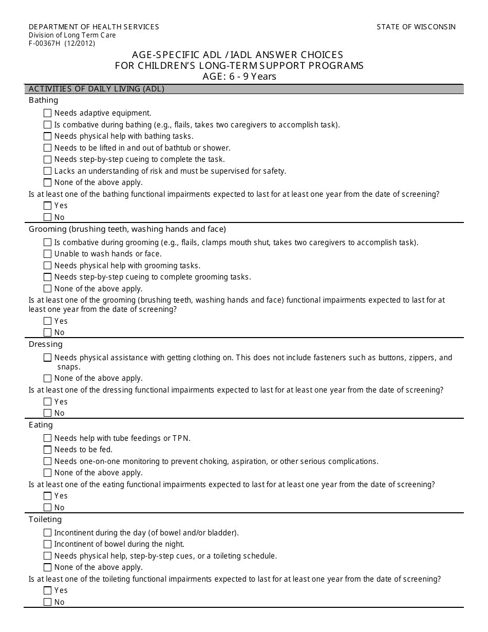 Form F-00367H Age-Specific Adl / Iadl Answer Choices for Childrens Long-Term Support Programs Age: 6 - 9 Years - Wisconsin, Page 1