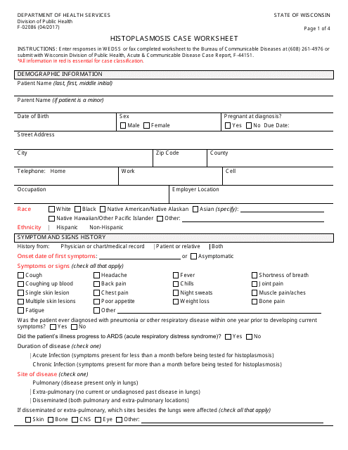 Form F-02086 Histoplasmosis Case Worksheet - Wisconsin