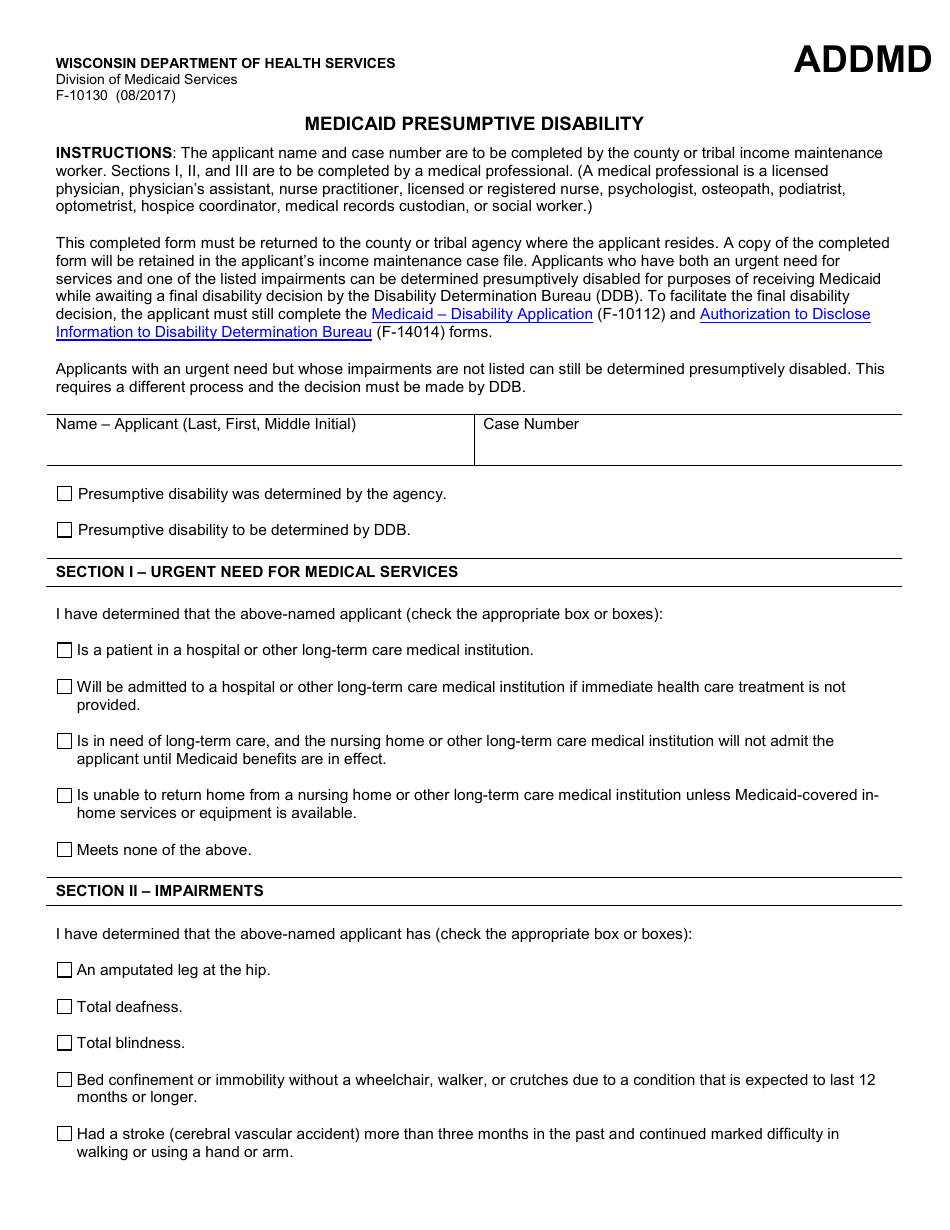 Form F-10130 Medicaid Presumptive Disability - Wisconsin, Page 1