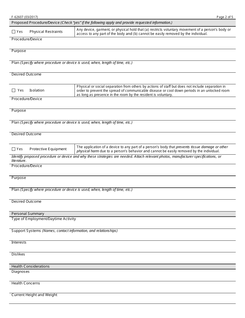 Form F-62607 Request for Use of Restraints, Isolation, or Protective Equipment as Part of a Behavior Support Plan - Wisconsin, Page 2