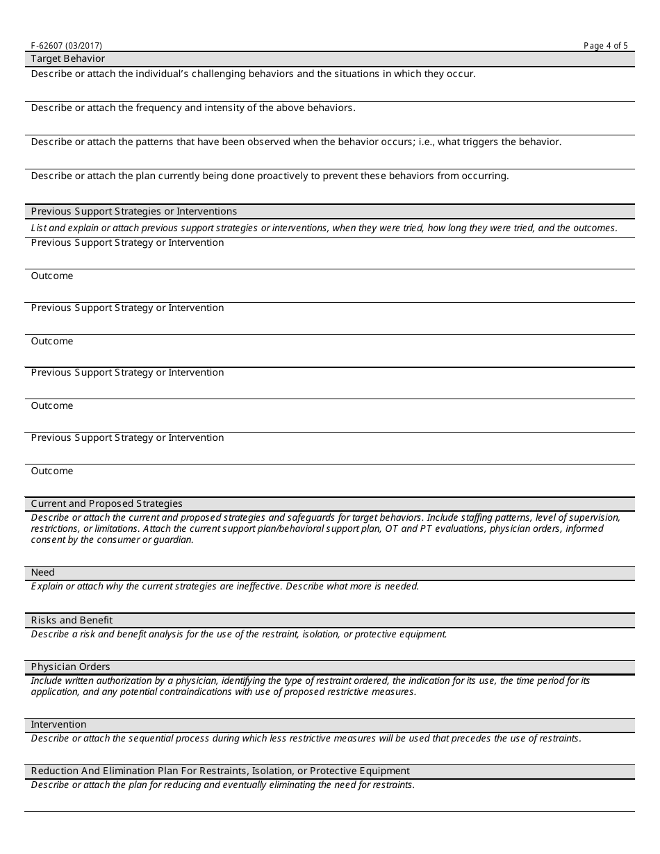 Form F-62607 Request for Use of Restraints, Isolation, or Protective Equipment as Part of a Behavior Support Plan - Wisconsin, Page 4