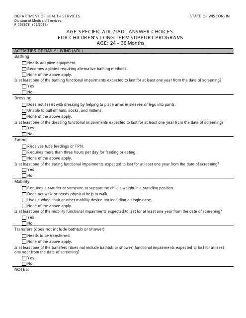 Form F-00367E Age-Specific Adl/Iadl Answer Choices for Children's Long-Term Support Programs Age: 24 to 36 Months - Wisconsin