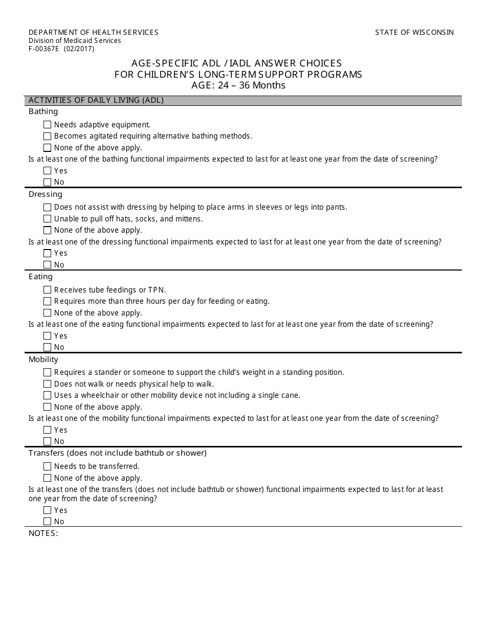 Form F-00367E Age-Specific Adl / Iadl Answer Choices for Childrens Long-Term Support Programs Age: 24 to 36 Months - Wisconsin, Page 1