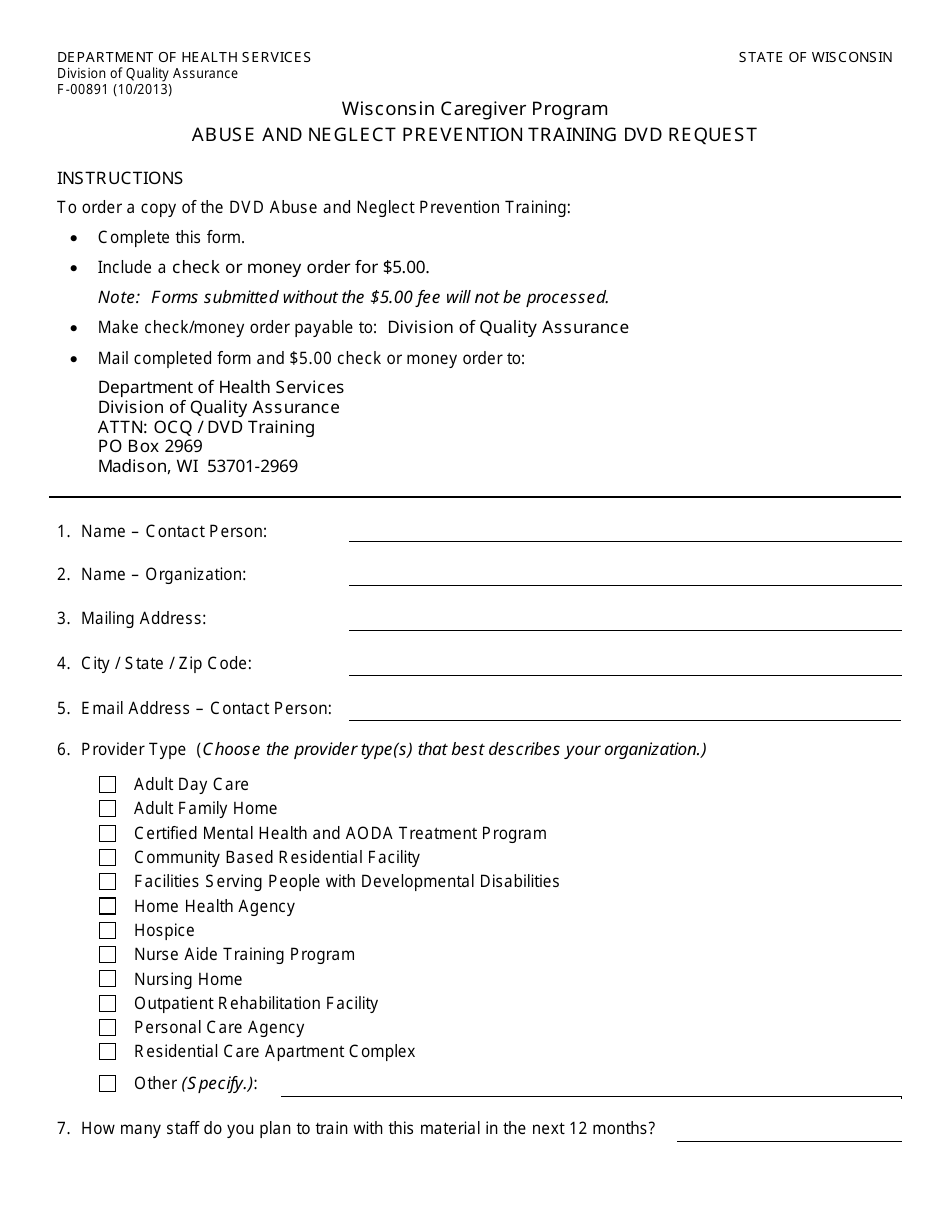 Form F-00891 Abuse and Neglect Prevention Training Dvd Request - Wisconsin Caregiver Program - Wisconsin, Page 1