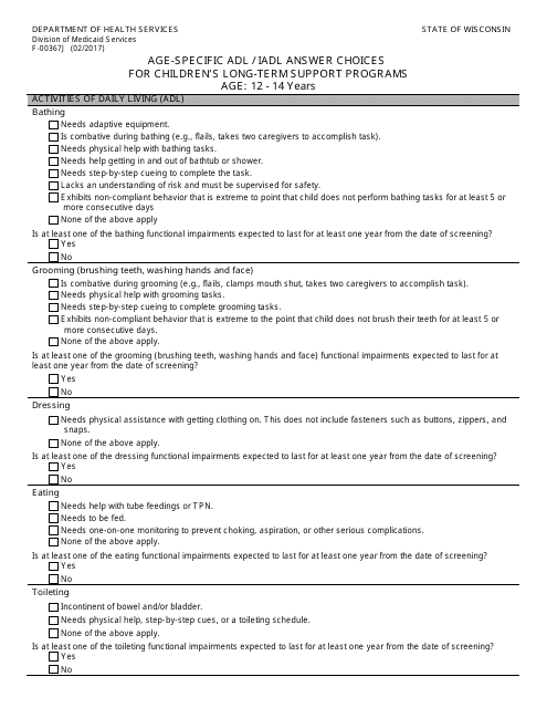 Form F-00367J Age-Specific Adl/Iadl Answer Choices for Children's Long-Term Support Programs Age: 12 - 14 Years - Wisconsin