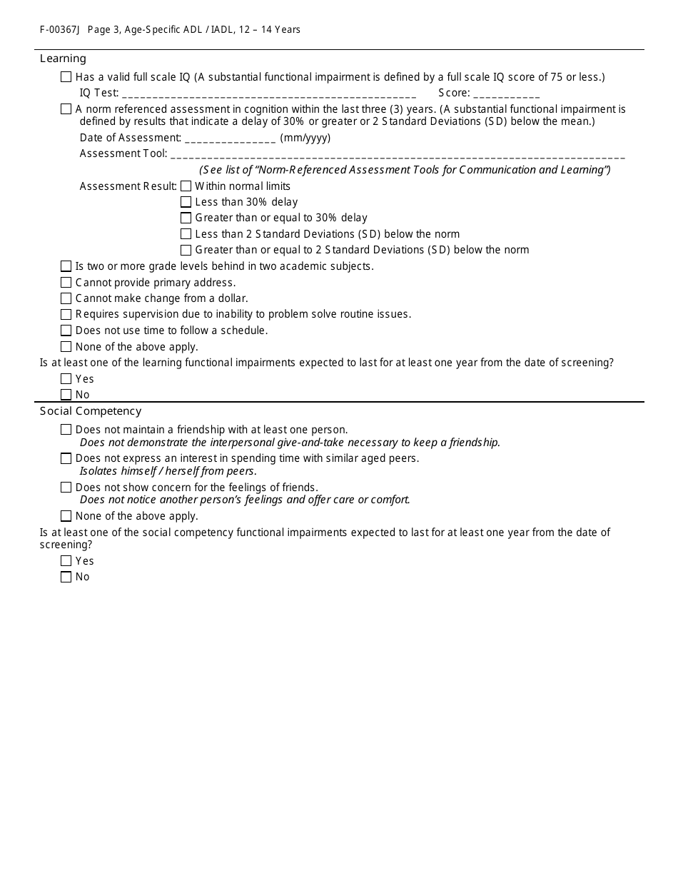 Form F-00367J Age-Specific Adl / Iadl Answer Choices for Childrens Long-Term Support Programs Age: 12 - 14 Years - Wisconsin, Page 3