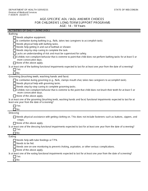 Form F-00367K Age-Specific Adl/Iadl Answer Choices for Children's Long-Term Support Programs Age: 14 - 18 Years - Wisconsin