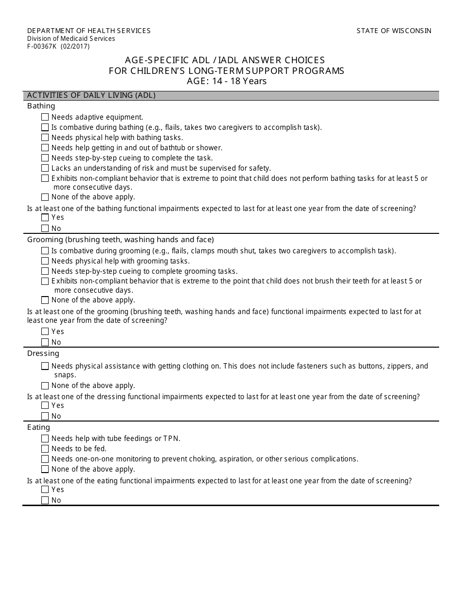 Form F-00367K Age-Specific Adl / Iadl Answer Choices for Childrens Long-Term Support Programs Age: 14 - 18 Years - Wisconsin, Page 1