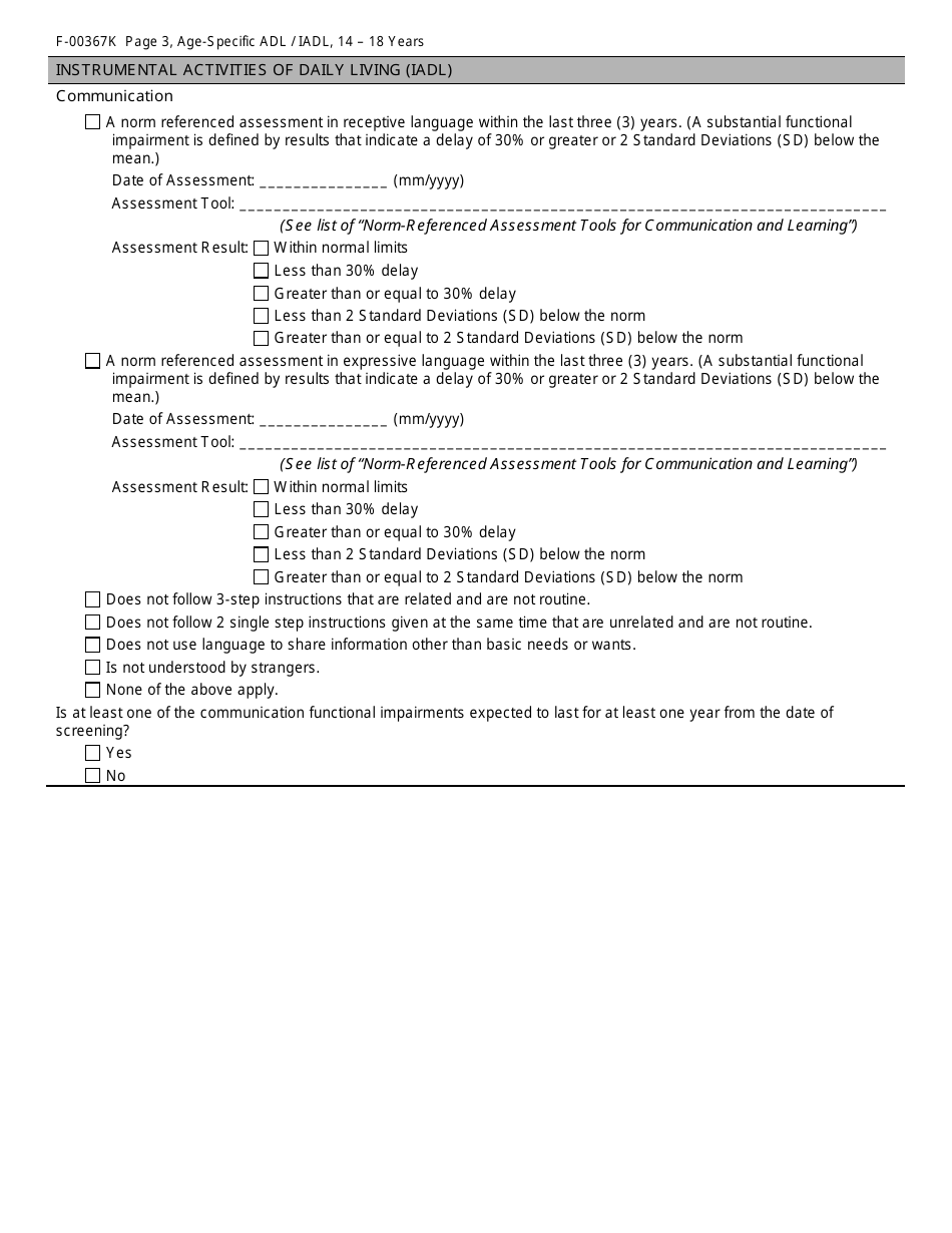 Form F-00367K Age-Specific Adl / Iadl Answer Choices for Childrens Long-Term Support Programs Age: 14 - 18 Years - Wisconsin, Page 3