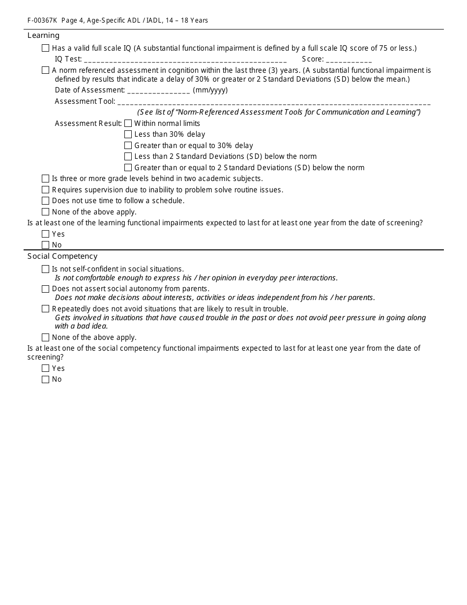 Form F-00367K Age-Specific Adl / Iadl Answer Choices for Childrens Long-Term Support Programs Age: 14 - 18 Years - Wisconsin, Page 4