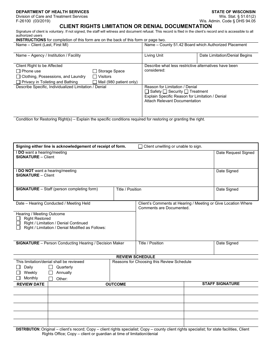 Form F-26100 Client Rights Limitation or Denial Documentation - Wisconsin, Page 1