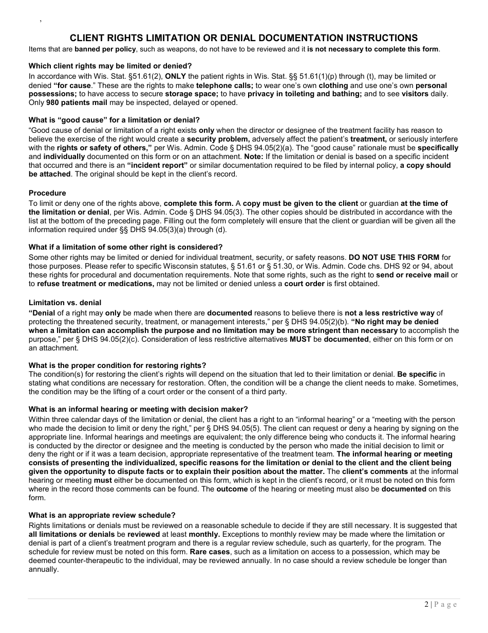 Form F-26100 Client Rights Limitation or Denial Documentation - Wisconsin, Page 2