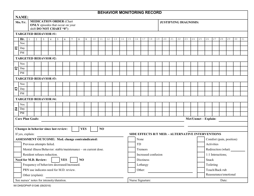 Form F-01346 Behavior Monitoring Record-Model - Wisconsin