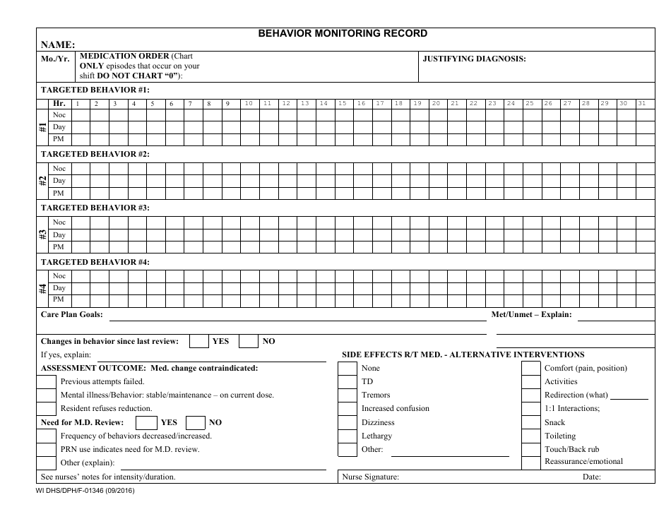 Form F-01346 Behavior Monitoring Record-Model - Wisconsin, Page 1